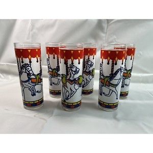 Libbey Glass Carousel Horses Tom Collins Drinking Glass 6pc‎ Set USA 6.75"t 12oz
